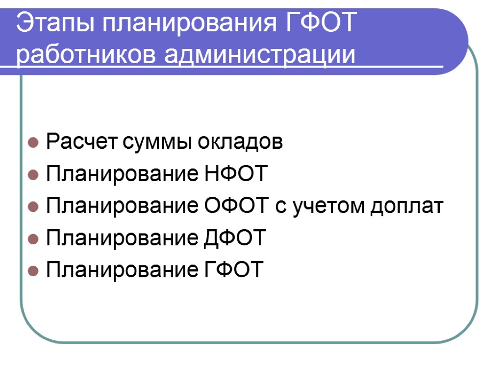 Этапы планирования ГФОТ работников администрации Расчет суммы окладов Планирование НФОТ Планирование ОФОТ с учетом